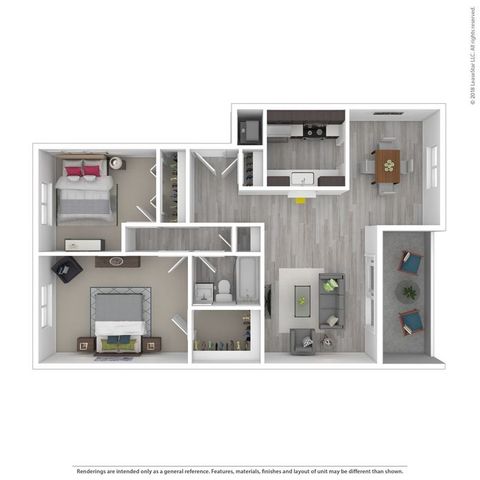 Modern 3D floor plan showcasing 2 bedrooms, cozy living area, chic kitchen, and inviting balcony, perfect for stylish living.