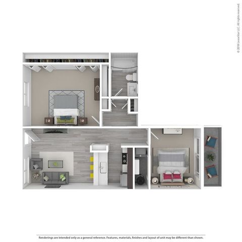 Modern 2D floor plan featuring an inviting open-concept living area, spacious kitchen with island, and stylishly appointed bedrooms.