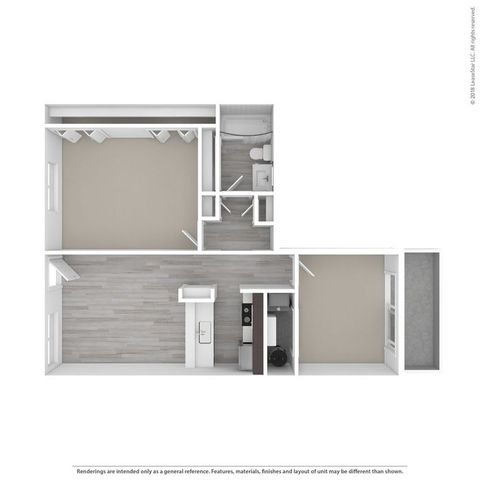 Modern apartment floor plan showcasing 1 bedroom, a sleek kitchen with island, and a spacious bathroom.