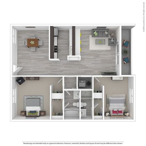 Contemporary open-concept floor plan with spacious 2 bedrooms, elegant kitchen, and inviting living area, perfect for modern living.