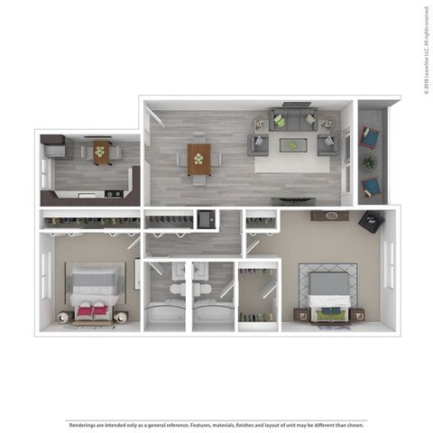 Modern 2D floor plan showcasing 2 spacious bedrooms, an elegant open-concept living and dining area, a sleek kitchen, and 2 stylish bathrooms with ample lighting.