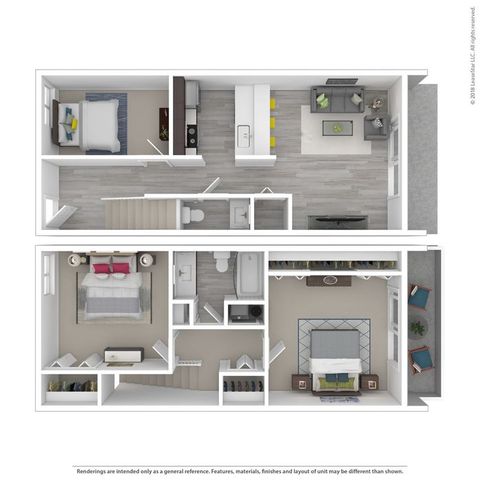 Chic 3D floor plan featuring two bedrooms, open-concept living and dining area, modern kitchen, and spacious bathroom, designed for comfort and style.