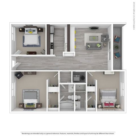 Chic 3D floor plan showcasing 3 spacious bedrooms, an open-concept living and dining area, modern kitchen, and a cozy balcony seating.