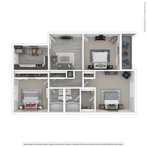 Modern 3-bedroom floor plan with spacious living room, elegant dining area, and two luxurious bathrooms.