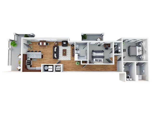Elegant floor plan featuring a spacious 3-bedroom layout with modern kitchen, cozy living area, and convenient laundry; perfect for contemporary living.