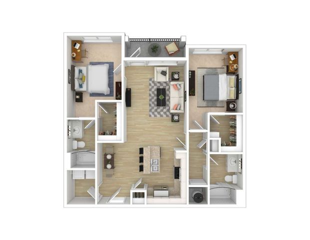 Elegant floor plan showcasing 2 spacious bedrooms, modern open-concept living and dining area, cozy kitchen with breakfast bar, and luxurious bathrooms.