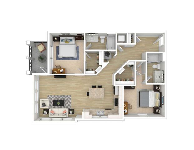 Modern apartment floor plan featuring 2 bedrooms, 2 bathrooms, an open-concept living and dining area, and a sleek kitchen with a breakfast bar, complete with a cozy balcony space.