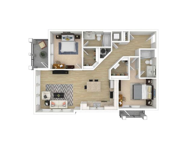 Modern floor plan featuring two spacious bedrooms, chic living area, stylish kitchen, and cozy balcony.