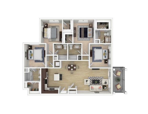 Charming 3D floor plan showcasing 3 spacious bedrooms, an inviting open-concept living and dining area, modern kitchen, and a cozy balcony.