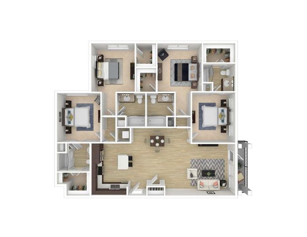 Charming 3D floor plan showcasing a three-bedroom apartment with a cozy living room, modern kitchen, and two bathrooms.