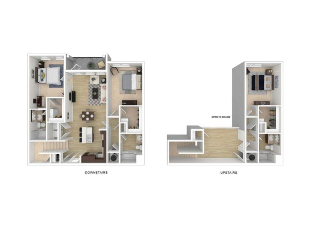 Modern two-level floor plan showcasing a spacious downstairs with 2 bedrooms, open-concept living and dining area, and contemporary kitchen, complemented by an upstairs master suite with walk-in closet and private bathroom.