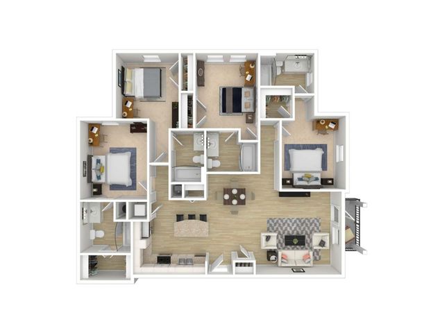 Elegant 3D floor plan showcasing a modern 3-bedroom apartment with a spacious open-concept living and dining area, sleek kitchen, and two stylish bathrooms.