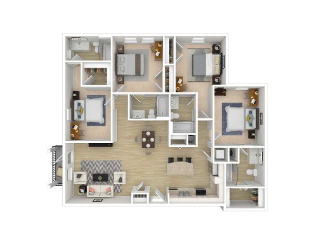 Modern 3D floor plan showcasing 3 bedrooms, a sleek open-concept living and dining area, and a contemporary kitchen with an island.