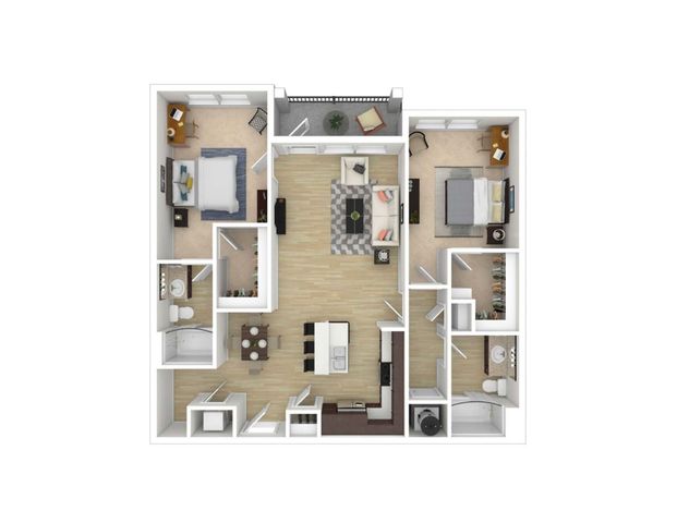 Modern 2-bedroom apartment floor plan with open living space, stylish kitchen, and two bathrooms, featuring natural light and cozy layout.