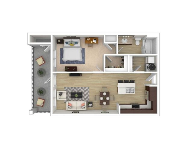 Modern apartment floor plan with 1 bedroom, open-concept living area, and kitchen, featuring a cozy balcony with seating.