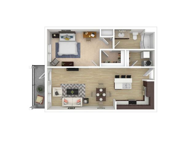 Modern floor plan showcasing a spacious one-bedroom apartment with an open-concept living and dining area, sleek kitchen, luxurious bathroom, and private balcony.
