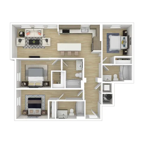 Contemporary 3D floor plan featuring three bedrooms, a stylish open-concept living area, modern kitchen with island, and two bathrooms, showcasing a spacious and functional layout.