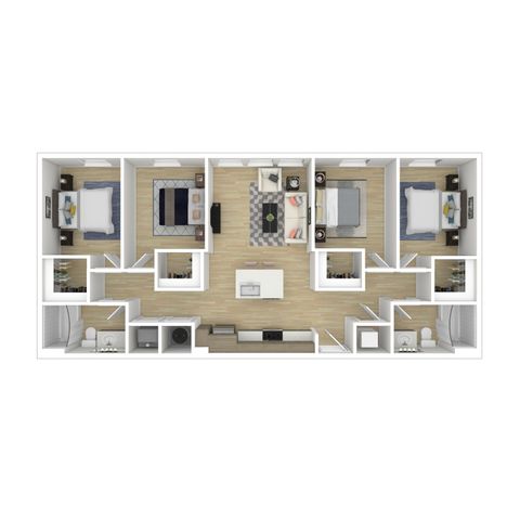 Modern 3-bedroom apartment floor plan featuring a spacious open-concept living area, elegant kitchen, and two stylish bathrooms.