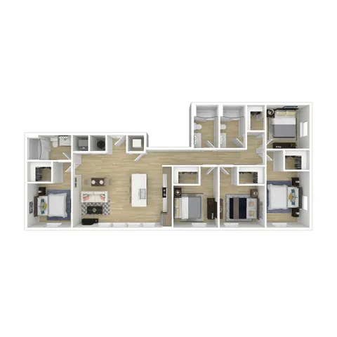 Modern 3D floor plan showcasing 4 bedrooms, open-concept living room, and kitchen with island, ideal for spacious living.