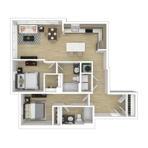 Modern 3D floor plan showcasing 2 bedrooms, a spacious open-concept living and dining area, sleek kitchen with an island, and 2 contemporary bathrooms.
