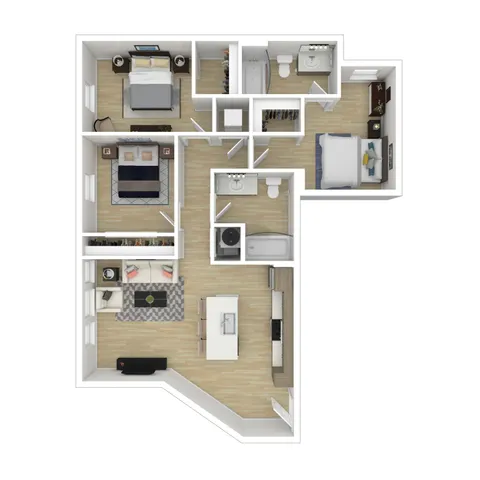 Sophisticated 3D floor plan showcasing two bedrooms, open-concept living and dining area, modern kitchen, and two bathrooms, ideal for contemporary living.