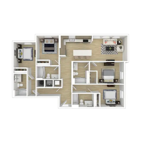 Modern 3D floor plan with three spacious bedrooms, two bathrooms, an open-concept living area, stylish kitchen, and a cozy lounge space.