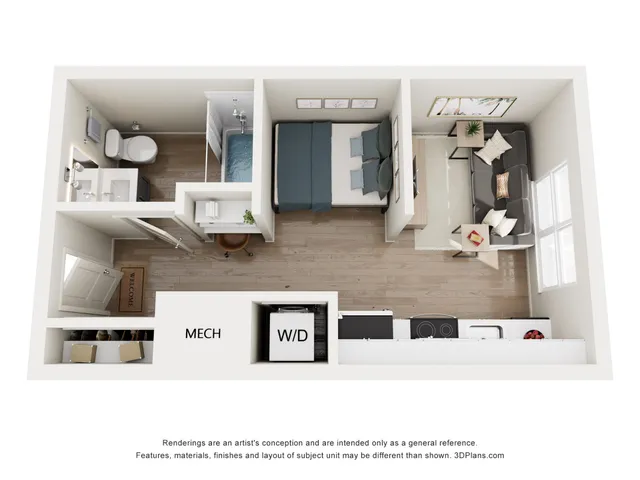 Modern 3D floor plan featuring a cozy bedroom, stylish bathroom, and open-concept living area with a compact kitchen. Includes convenient in-unit washer/dryer and sleek finishes.
