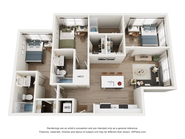 Modern 3-bedroom apartment floor plan with elegant open-concept living and dining area, stylish kitchen island, and dual bathrooms for ultimate convenience.