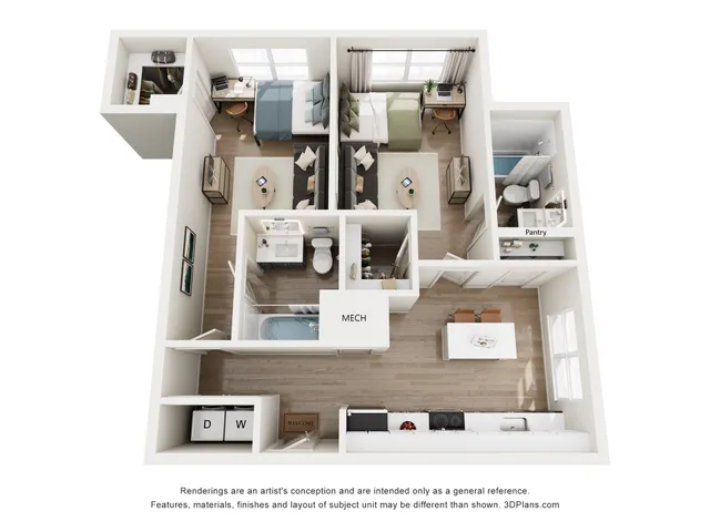 Chic 3D floor plan showcasing 1 bedroom, 1 bathroom, cozy living area, modern kitchen, and dedicated workspace, perfect for stylish urban living.