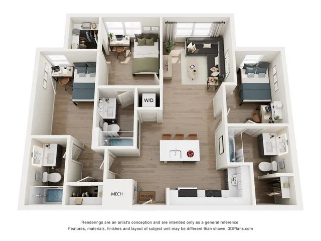 Modern 3D floor plan featuring two cozy bedrooms, two elegant bathrooms, and an inviting open-concept kitchen-living area, perfect for urban living.