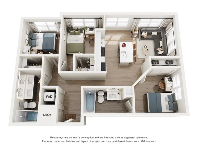 Chic 3D floor plan featuring 2 bedrooms, a stylish open kitchen with island seating, a cozy living area, and a modern home office space.