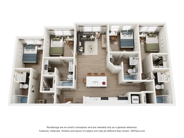 Modern 3D floor plan showcasing three bedrooms, a spacious open living area, and an elegant kitchen, with ample natural light and stylish design.