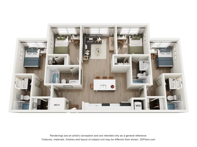 Modern 3-bedroom apartment floor plan featuring an open-concept living area, spacious kitchen, and two elegant bathrooms.
