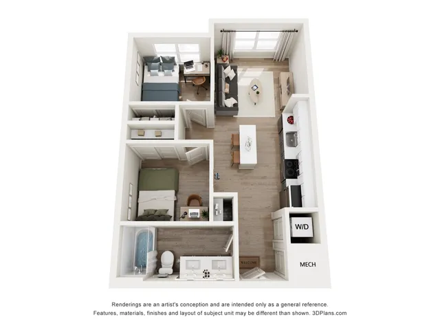 Chic 3D apartment floor plan featuring two cozy bedrooms, a modern kitchen with an island, and an inviting open-concept living area with natural light.
