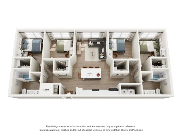 Modern floor plan showcasing 3 bedrooms, a stylish open kitchen with island seating, spacious living area, and two sleek bathrooms.