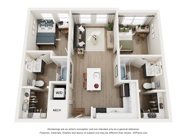 Modern 2-bedroom apartment floor plan featuring open living space, stylish kitchen, and two elegant bathrooms.