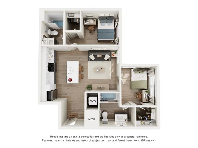 Modern apartment floor plan featuring 2 cozy bedrooms, a sleek kitchen island, and a spacious living area with contemporary design accents.