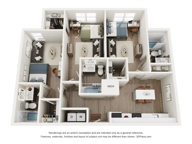 Modern 3D floor plan showcasing a chic apartment with two bedrooms, a cozy living room, and a stylish kitchen with open dining area. Includes two bathrooms, a convenient laundry area, and ample natural light throughout.