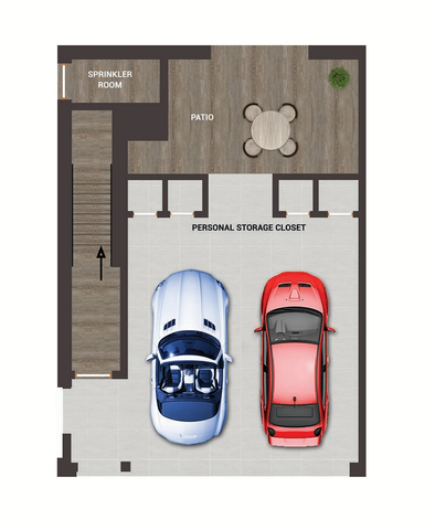 Modern floor plan with two-car garage, personal storage closet, and inviting patio area.