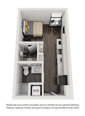 Modern studio apartment floor plan featuring a cozy bedroom, stylish kitchenette, efficient workspace, and compact bathroom with in-unit laundry.