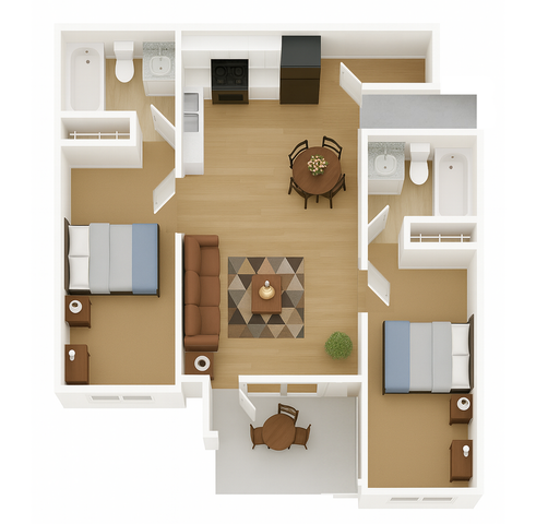 Modern 3D floor plan showcasing 2 bedrooms, an inviting living room, a cozy kitchen, and elegant bathrooms.