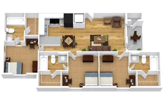 Modern 3D floor plan showcasing 3 bedrooms, a cozy living area, and functional kitchen, perfect for comfortable urban living.