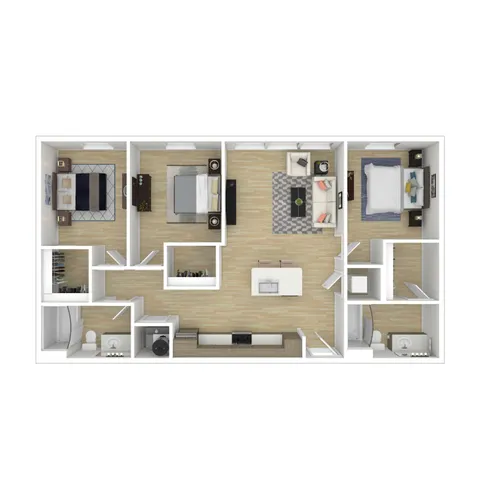 Contemporary 3D floor plan showcasing 3 bedrooms, a cozy living area, and a modern open kitchen.