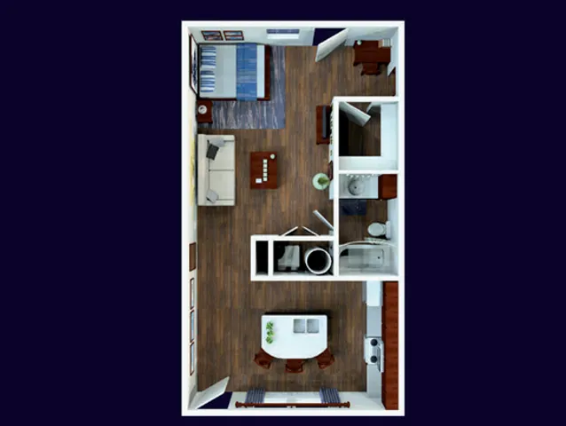 Modern 3D floor plan showcasing a spacious one-bedroom apartment with open-concept living, dining area, and well-appointed kitchen, complete with a sleek bathroom.