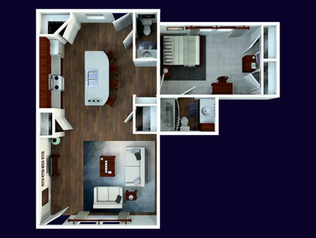 Contemporary 3D apartment floor plan with an open-concept kitchen, cozy living area, and spacious bedroom for modern living.
