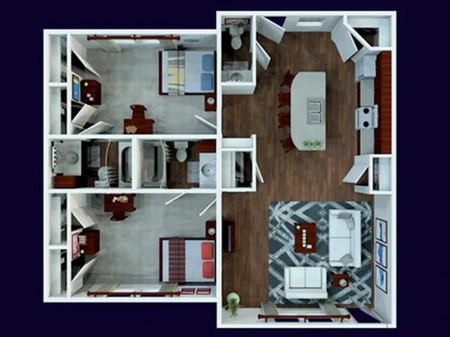 Modern 3D floor plan showcasing 3 bedrooms, a chic open-concept living area, and a stylish kitchen. Perfectly designed for contemporary living.