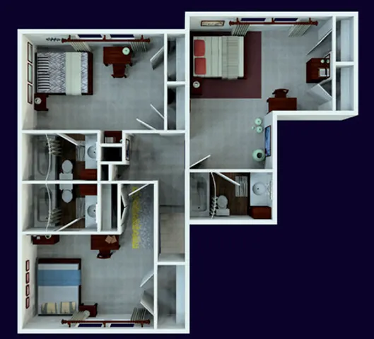 Modern 3D floor plan showcasing 3 elegant bedrooms, 2 bathrooms, and a cozy open living area with stylish design.