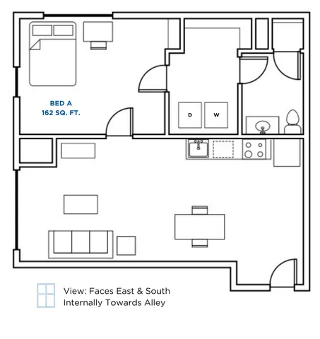 Modern apartment floor plan featuring a spacious 162 sq. ft. bedroom, open-concept living area, and sleek kitchen with dining space. Includes laundry facilities and a bathroom. Views face east and south internally towards alley.