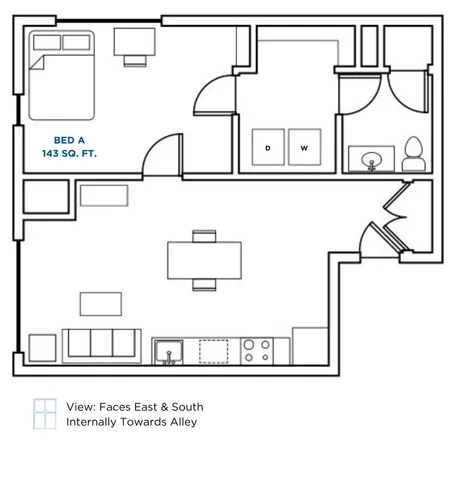 Modern floor plan featuring a spacious 1-bedroom layout with 143 sq. ft. bedroom, open living and dining area, and a well-appointed kitchen. Faces East & South with internal alley views.