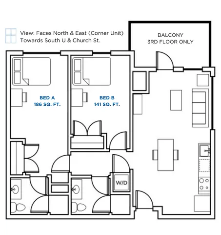 Elegant 2-bedroom corner unit floor plan with a spacious balcony, open living area, and efficient kitchen layout. Prime location with views towards South U & Church St.